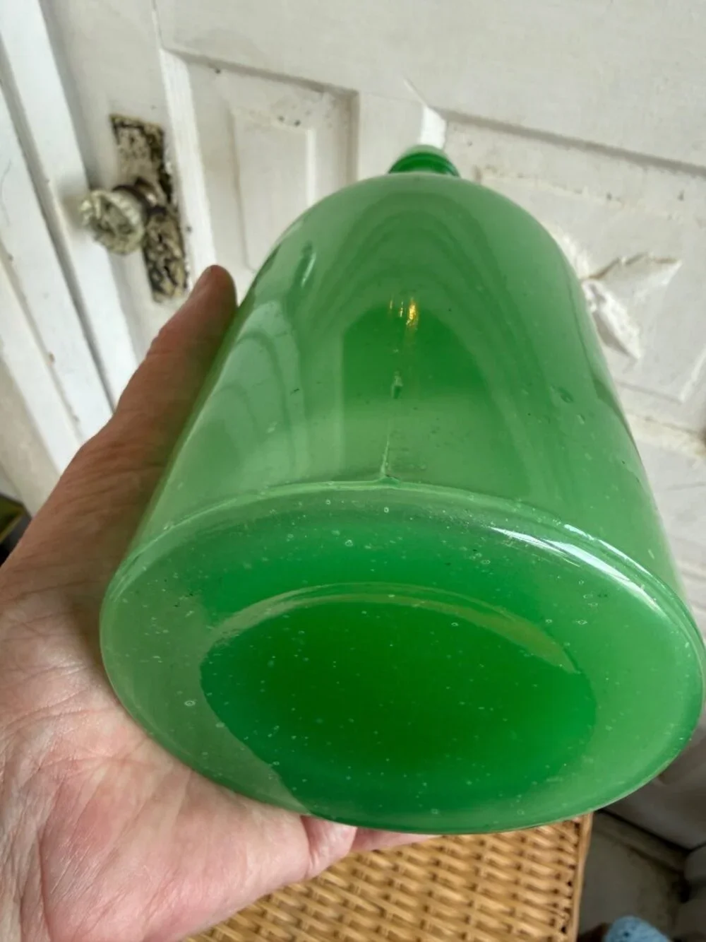 Vintage 50's Jadeite Opaque Green Glass Old Bottle/ Vase Flower Plant Decor